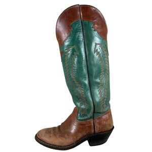 Mens Western Cowboy Boots Brown Teal Leather Buckaroo tall riding round toe